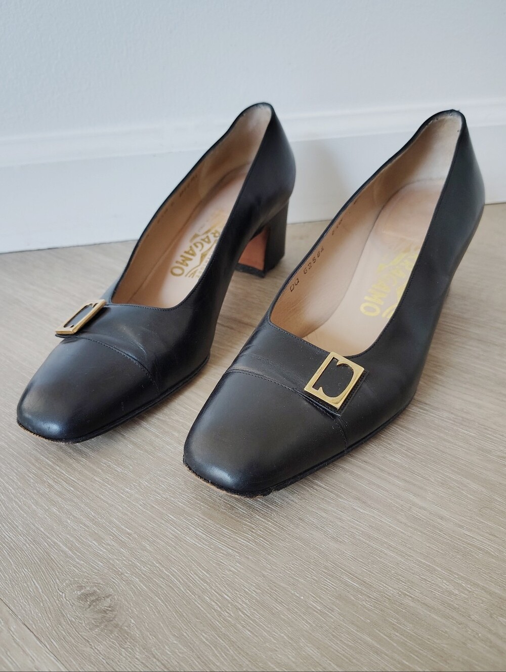 Salvatore Ferragamo Black Leather Block Heel Pumps with Gold Buckle Size 6.5 B